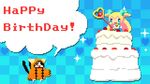  1girl animated animated_gif blazblue cake food happy_birthday jubei_(blazblue) jumping muchourin pixel_art platinum_the_trinity quad_tails two_side_up 