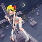  bad_id bad_pixiv_id bandages barefoot blonde_hair cross grave graveyard hair_ribbon halloween_costume ketama_(mokoneko) legs moon mummy red_eyes ribbon rumia short_hair solo tombstone touhou 