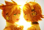  1girl bad_id bad_pixiv_id blonde_hair brother_and_sister face green_eyes hair_ribbon headphones highres kagamine_len kagamine_len_(append) kagamine_rin kagamine_rin_(append) music ohagi_(ymnky) open_mouth ribbon short_hair siblings singing twins vocaloid vocaloid_append 
