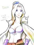  blonde_hair blue_eyes breasts cape female final_fantasy final_fantasy_iv hair_ornament leotard long_hair pale_color rosa_farrell shoulder_pads solo tegaki tiara white_background 