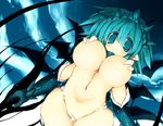  blush breasts covering covering_breasts dragon_girl green_eyes green_hair groin hair_between_eyes large_breasts looking_at_viewer monster_girl navel nude original pointy_ears sakaki_(noi-gren) solo stomach tareme underboob wings 