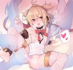  1girl :d andira_(granblue_fantasy) animal_ears bare_shoulders barefoot blonde_hair blush breasts erune eyes_visible_through_hair granblue_fantasy hair_between_eyes hairband heart heart-shaped_pupils leotard leotard_aside looking_at_viewer monkey_ears nipples open_mouth pink_eyes pussy sawayaka_samehada see-through small_breasts smile solo spoken_heart spread_legs symbol-shaped_pupils thighhighs two_side_up white_leotard 