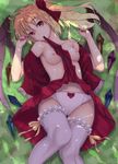  bare_shoulders blonde_hair bow bow_panties breasts cameltoe come_hither dappled_sunlight flandre_scarlet from_above garters gustav_(telomere_na) head_tilt lying medium_breasts mouth_hold nail_polish nipples no_bra older on_back open_clothes open_shirt panties pointy_ears ponytail red_eyes red_nails ribbon seductive_smile shade shirt short_hair side_ponytail skirt skirt_in_mouth skirt_lift smile solo sunlight thigh_gap thighhighs touhou underwear white_legwear white_panties wings 