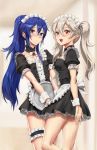  2girls apron athenawyrm blue_hair blurry blurry_background blush brooch fang female_my_unit_(fire_emblem_if) fire_emblem fire_emblem:_kakusei fire_emblem_if highres jewelry long_hair looking_at_viewer looking_back lucina maid maid_apron maid_headdress multiple_girls my_unit_(fire_emblem_if) nintendo open_mouth pointy_ears red_eyes silver_hair smile standing thigh_scrunchie tray twintails very_long_hair wrist_cuffs 