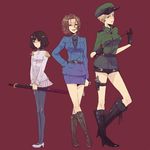  asuka329 axis_powers_hetalia bad_id bad_pixiv_id black_hair blonde_hair boots brown_hair genderswap genderswap_(mtf) germany_(hetalia) hat japan_(hetalia) legs military military_uniform multiple_girls northern_italy_(hetalia) pantyhose ponytail short_hair simple_background sword uniform weapon whip 