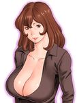  big_breasts breasts brown_eyes brown_hair casual cleavage female gradient gradient_background large_breasts lipstick long_hair lowres lupin_iii makeup mine_fujiko shirt solo takasugi_kou tms_entertainment white_background 
