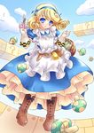  1up ?_block apron bad_id bad_pixiv_id basket blonde_hair blue_eyes boots farmer_(sekaiju) gloves highres hotei_kazuha mario_(series) mushroom sekaiju_no_meikyuu sekaiju_no_meikyuu_3 short_hair solo super_mario_bros. 