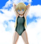  armpits arms_up blonde_hair blue_eyes blush flat_chest helma_lennartz long_hair one-piece_swimsuit solo swimsuit tanaka_rikimaru world_witches_series 