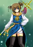  blue_eyes brown_hair colorized cosplay cross dragon_quest dragon_quest_iii fighter_(dq3) fighter_(dq3)_(cosplay) frapowa hair_ribbon highres lyrical_nanoha mahou_shoujo_lyrical_nanoha_strikers ribbon san-pon schwertkreuz short_hair short_twintails smile solo staff thighhighs twintails yagami_hayate zettai_ryouiki 