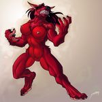  anthro drool fire_crotch furry growl large_breasts muscle muscles muscular_female nude red red_fur red_hair red_skin shewolf snarl teeth werewolf wolf 