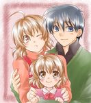  2girls ahoge blue_eyes blue_hair brown_eyes brown_hair clannad family furukawa_nagisa husband_and_wife multiple_girls okazaki_tomoya okazaki_ushio one_eye_closed short_hair yuzuki_ui 