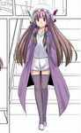  alternate_costume bangs gustav_(telomere_na) hat jewelry long_coat long_hair patchouli_knowledge pendant purple_eyes purple_hair solo stairs thighhighs touhou work_in_progress zettai_ryouiki 