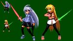  blonde_hair energy_sword green_eyes gun koushin-ryou long_hair multiple_girls pantyhose pixel_art red_eyes silver_hair simple_background sora_(suguri) suguri suguri_(character) sword thighhighs weapon 