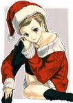  black_legwear blonde_hair brown_eyes christmas hat original santa_costume santa_hat shimotsuki_eight solo thighhighs thighhighs_pull 