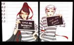  2girls bayonetta bayonetta_(character) female glasses jeanne_(bayonetta) kenda-oh long_hair lowres mugshot multiple_girls prison prison_clothes resized shirt sign_holding striped striped_shirt 