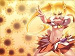  blonde_hair bow cure_sunshine fighting_stance floral_background flower frame hair_ribbon heartcatch_precure! highres long_hair magical_girl midriff myoudouin_itsuki navel orange_skirt precure ribbon serious skirt solo sunflower tasaka_shinnosuke twintails very_long_hair wallpaper wrist_cuffs yellow yellow_background yellow_bow yellow_eyes 