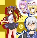  ahoge blonde_hair blue_eyes brown_eyes brown_hair cellphone eyeball hairband hat himekaidou_hatate komeiji_satori morichika_rinnosuke multiple_girls phone pink_hair purple_eyes shishamoji silver_hair skirt tasuki tokin_hat touhou twintails yakumo_yukari yellow_eyes 