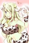  ;q animal_costume animal_ears animal_print armpits bad_id bad_pixiv_id bare_shoulders bell blonde_hair blue_eyes bottle breasts cleavage cow_costume cow_ears cow_horns cow_print earrings finger_to_mouth fullmetal_alchemist holding horns jewelry kemonomimi_mode large_breasts leaning_forward long_hair midriff milk mitsu_yomogi navel one_eye_closed solo tail tongue tongue_out winry_rockbell 