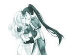  2girls arm_grab armor blush earrings eyes_closed fingerless_gloves fire_emblem fire_emblem:_rekka_no_ken fire_emblem_blazing_sword florina florina_(fire_emblem) gloves hand_on_elbow happy hug jewelry long_hair lyn lyndis_(fire_emblem) monochrome multiple_girls pegasus_knight ponytail side_slit smile yuri 