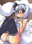  black_legwear blush bra chacha_(tyatya) dutch_angle green_eyes konpaku_youmu konpaku_youmu_(ghost) lingerie panties solo sports_bra striped striped_bra striped_panties thighhighs touhou underwear underwear_only 