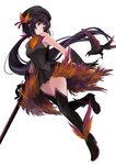  bare_shoulders bird black_hair black_legwear crow hat long_hair open_mouth original ponytail red_eyes ribbon skirt solo sword thighhighs tsukii weapon 