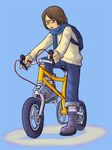  backpack bag bicycle blue_background blue_scarf boots brown_eyes brown_hair denim g_ryouta glasses ground_vehicle jeans open_mouth original pants scarf short_hair simple_background smile solo sweater 