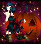  animal_ears bad_id bad_pixiv_id bare_shoulders blue_eyes blue_hair boots bow cat_ears cat_tail dress green_eyes hair_bow halloween heterochromia highres jack-o'-lantern kneeling kubikirisaikuru looking_back mouth_hold original pumpkin short_dress short_hair solo spoon tail thigh_boots thighhighs 