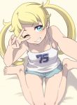  10s 1girl bare_shoulders barefoot blonde_hair blue_eyes blush breasts grin head_tilt kiratto_pri_chan kneeling long_hair looking_at_viewer mattaku_mousuke moegi_emo no_bra one_eye_closed parted_lips self_shot shadow shorts simple_background small_breasts smile solo tank_top teeth twintails v white_background white_tank_top wink 