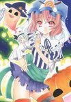  alternate_costume bad_id bad_pixiv_id blush character_doll doll ghost halloween hat jack-o'-lantern konpaku_youmu panties pink_eyes pink_hair pumpkin saigyouji_yuyuko short_hair silver_hair skirt striped striped_legwear thighhighs touhou traditional_media underwear wakaba_(wakaba) 