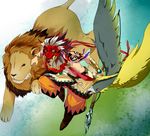  beast_king_(sekaiju) bird c_kihara fangs feathers gauntlets hair_over_eyes hat lion male_focus mask polearm sekaiju_no_meikyuu sekaiju_no_meikyuu_3 shirtless solo spear weapon wristband 