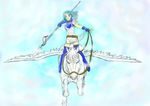  aqua_hair armor belt blue_eyes boots cloud clouds female fingerless_gloves fiora fiora_(fire_emblem) fire_emblem fire_emblem:_rekka_no_ken fire_emblem_blazing_sword flying gloves green_hair headband lance long_hair lowleg lowres open_mouth pegasus pegasus_knight polearm riding sky thigh_boots thighhighs weapon wings 