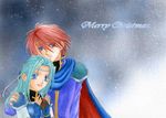  1boy 1girl aqua_hair armor blue_eyes cape christmas couple eliwood english fingerless_gloves fiora fiora_(fire_emblem) fire_emblem fire_emblem:_rekka_no_ken fire_emblem_blazing_sword gift gloves green_hair hand_on_shoulder happy headband long_hair merry_christmas open_mouth pegasus_knight present red_hair short_hair snow snowing tiara 