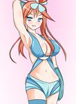  blue_eyes blush breasts cleavage female fuuro_(pokemon) gradient gradient_background gym_leader large_breasts navel pokemon pokemon_(game) pokemon_black_and_white pokemon_bw side_ponytail smile solo 