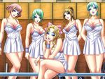  4girls 5girls blonde_hair blue_hair blush breasts brown_hair cleavage dress erect_nipples eye_shadow eyeshadow gakuen_tengoku green_hair hiburi_shinobu jpeg_artifacts large_breasts lipstick locker_room makeup multiple_girls photoshop see-through see_through source_request sport sports sportswear tennis tennis_uniform yamashita_shun'ya yamashita_shunya 