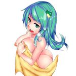  ass bad_id bad_pixiv_id breasts covering don_no_shoushitsu from_above green_eyes green_hair kochiya_sanae large_breasts lowres nipples nude nude_cover solo touhou towel 