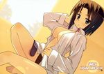 :o absurdres areolae barefoot blush breasts brown_hair cleavage garden_(game) highres kasuga_nadeshiko large_breasts legs long_sleeves no_bra open_clothes open_shirt panties shirt short_hair sikorsky solo underwear 