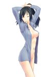  adjusting_hair bad_id bad_pixiv_id black_hair bottomless breasts covered_nipples dress_shirt highres juu_ho long_hair medium_breasts naked_shirt navel no_bra no_panties one_eye_closed open_clothes open_shirt original ponytail shirt simple_background solo yellow_eyes 