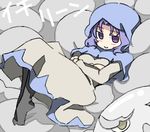  blush cloak hood hooded_cloak knees_up kumoi_ichirin long_sleeves looking_at_viewer lying monomi on_back smile solo touhou unzan youkai 