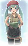  aqua_eyes aqua_hair bad_id bad_pixiv_id battlefield:_bad_company_2 battlefield_(series) blush camouflage elbow_pads fingerless_gloves first_aid_kit gloves hat hatsune_miku headset highres long_hair marumi_sho medic military military_uniform open_mouth skirt solo thighhighs twintails uniform vocaloid 