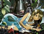  alice_(wonderland) alice_in_wonderland bad_id bad_pixiv_id bow brown_eyes brown_hair deer dress forest hair_bow lying nature on_side pocket_watch shoes short_hair shuku smile solo watch white_rabbit 