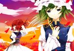  arm_ribbon asymmetrical_hair bad_id bad_pixiv_id black_nails blue_eyes cloud flower green_hair hair_bobbles hair_ornament hat high_collar highres long_sleeves looking_down multiple_girls nail_polish onozuka_komachi puffy_short_sleeves puffy_sleeves red_eyes red_hair ribbon rod_of_remorse shiki_eiki short_hair short_sleeves spider_lily touhou two_side_up vest yuuhi_homare 