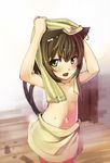  animal_ears arms_up bad_id bad_pixiv_id blush brown_hair cat_ears cat_tail chen earrings flat_chest hidebo jewelry multiple_tails naked_towel navel open_mouth short_hair single_earring solo tail topless touhou towel wet yellow_eyes 