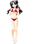  :d ass_visible_through_thighs bad_anatomy barefoot bikini black_hair blue_eyes engo_(aquawatery) fate/stay_night fate_(series) full_body long_hair looking_at_viewer navel open_mouth pigeon-toed red_bikini simple_background smile solo standing swimsuit thigh_gap toosaka_rin untying white_background 