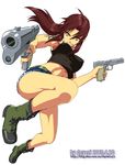  beretta_92 black_lagoon boots brown_hair denim denim_shorts deyezi dual_wielding fingerless_gloves gloves gun handgun holding pistol ponytail revy_(black_lagoon) shorts solo tokarev_tt-33 weapon yellow_eyes 