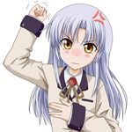  angel_beats! anger_vein angry blazer blue_hair blush clenched_hand commentary_request flat_chest frown highres jacket long_hair looking_at_viewer raised_fist school_uniform simple_background solo takumi_(rozen_garten) tears tenshi_(angel_beats!) trembling upper_body wavy_mouth white_background yellow_eyes 