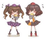  azuki_(lizzy) chibi eating food geta hat himekaidou_hatate multiple_girls pointy_ears shameimaru_aya simple_background sweet_potato tengu-geta tokin_hat touhou twintails yakiimo 