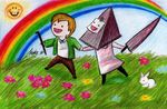  awesome_face blonde_hair bunny dual_persona epic flashlight flower grass happy helmet jacket knife lead_pipe male_focus multiple_boys non-web_source pyramid_head rainbow silent_hill_2 skipping star sun surreal yaoi 