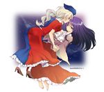  braid holding_hands houraisan_kaguya hug interlocked_fingers long_hair mementmori multiple_girls nurse ponytail puffy_short_sleeves puffy_sleeves short_sleeves simple_background single_braid touhou very_long_hair white_background yagokoro_eirin 