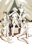  4boys artist_request beige boota chair china_dress chinese_clothes crossdressing double_bun dress gloves kamina long_hair male_harem monochrome multiple_boys oversized_limbs ponytail rossiu short_hair simon sitting smirk sunglasses tattoo tengen_toppa_gurren_lagann viral yoko_littner 