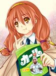  brown_eyes chiara_toscana karl_berwald long_hair piku product_placement red_hair shakugan_no_shana snack solo 